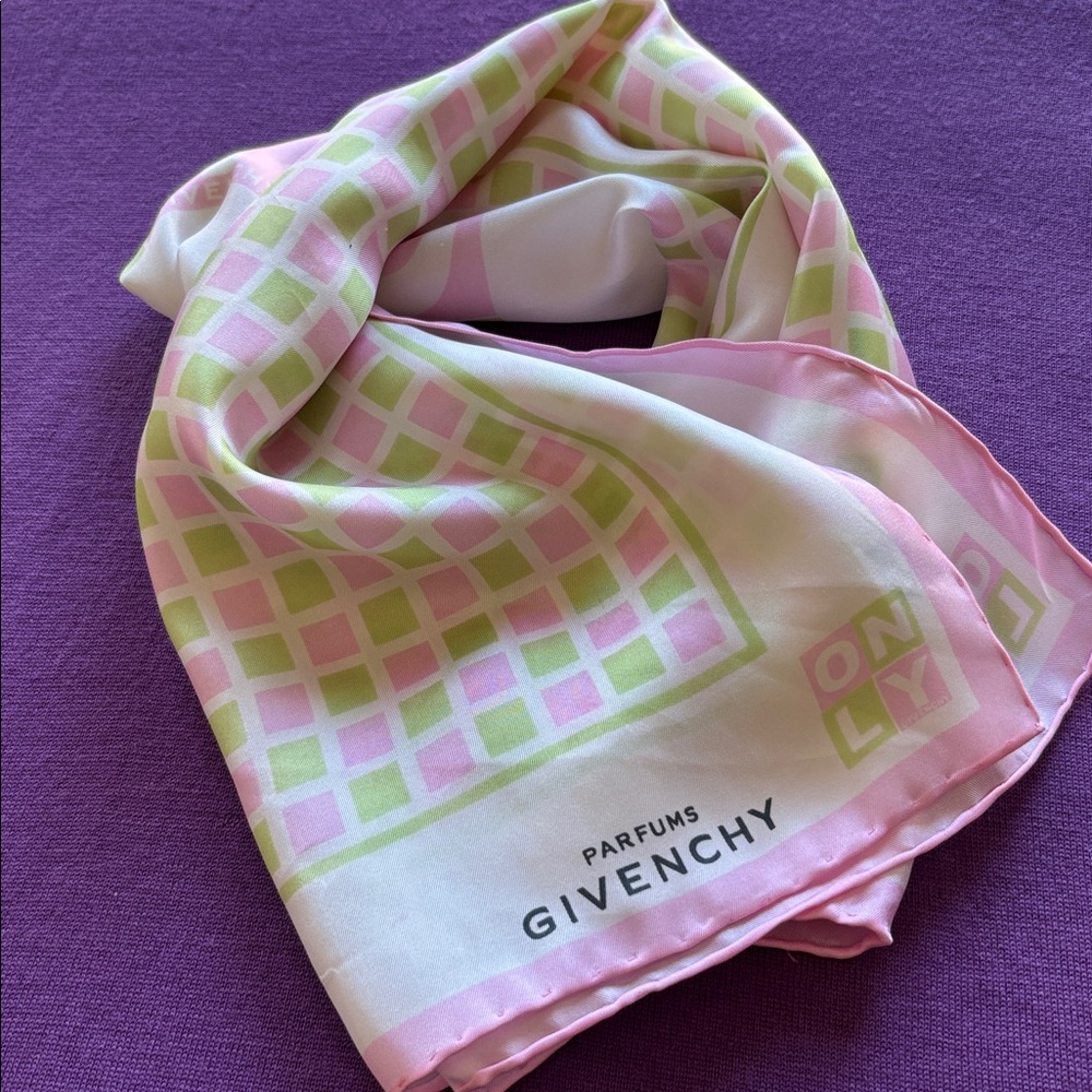 Vintage Givenchy Parfums Silk Square Scarf, Pink and Green, Hand Rolled Edges. - Picture 3 of 6
